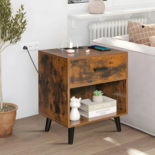 Quimoo Nightstand Set of 2 with Charging Station. Bedside Table with 1 Drawer and 1 Open Storage Space for Bedroom, Rustic Brown