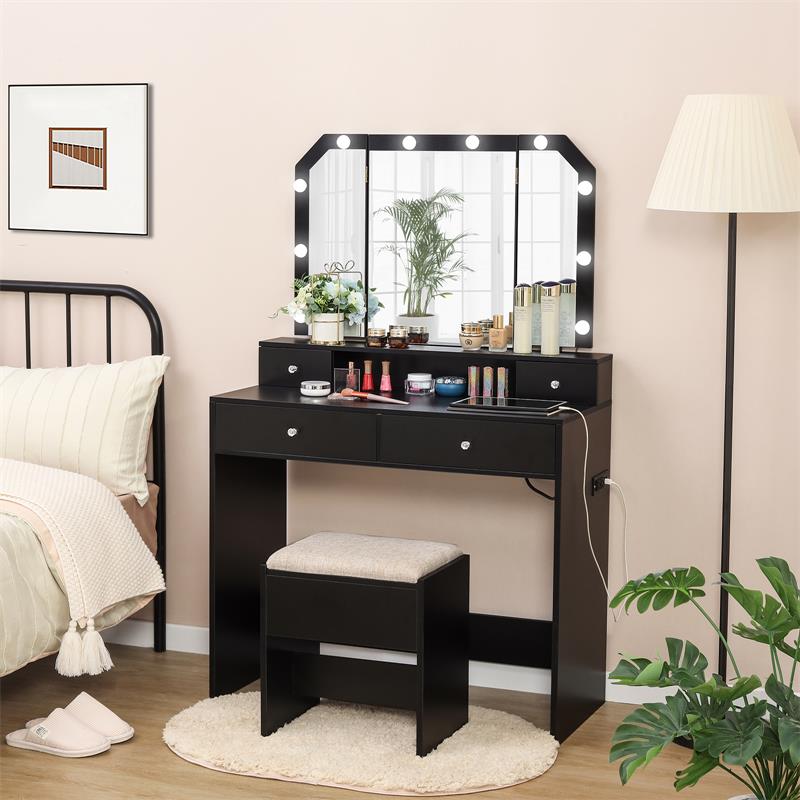 Quimoo Large Makeup Vanity with Lights Mirror and Charging Station, Vanity Desk with 10 LED Lights & 4 Drawers, Vanity Set, Vanity Table with Tri-Fold Mirror and Cushioned Stool, for Bedroom, Black