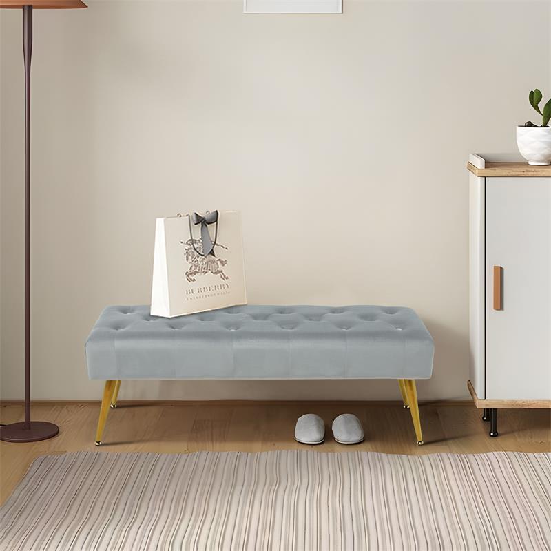 QUIMOO Velvet Bench, Modern Bedroom Bench, Entryway Bench with Gold Metal Legs, Bench for Bedroom end of Bed, Vanity Chair, Grey