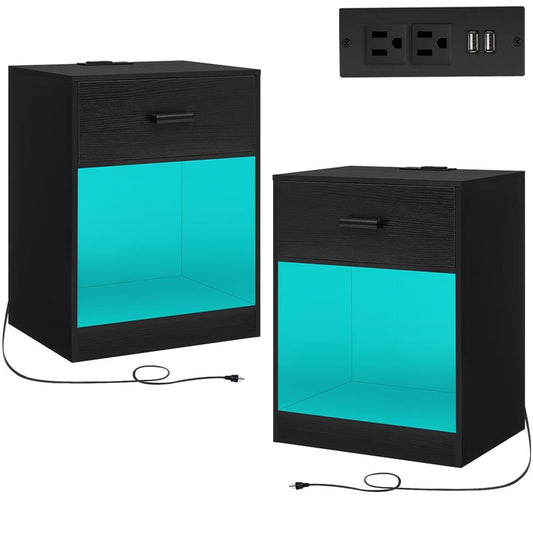 Quimoo Nightstand Set of 2 with Charging Station and LED Light, Bedside Table End Table with 1 Drawer and 1 Open Storage Space for Bedroom and Office, Black